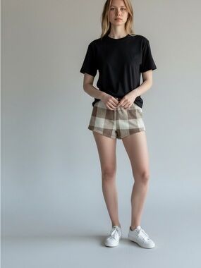 Women’s soft fleece lounge shorts Small buffalo plaid brown polyester blend